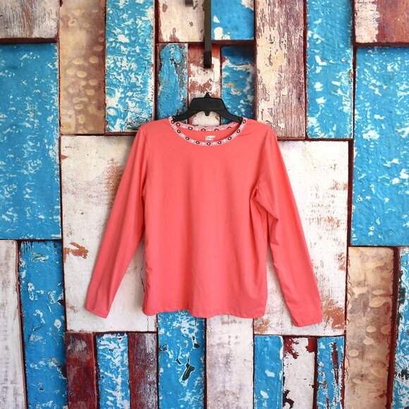 Women's Lands End Top Long Sleeve Stretch Active Floral Collar MEDIUM Peach - Picture 1 of 10